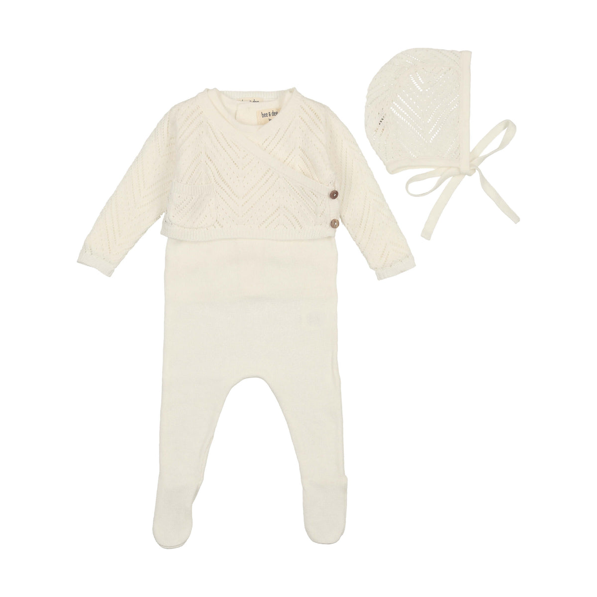 Bee & Dee Crochet Sweater Knit Footie + Bonnet - Ivory Bee & Dee Crochet Sweater Knit Footie + Bonnet - Ivory