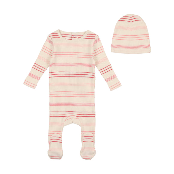 Bee & Dee Stripe Collection Footie with Beanie-Pink Stripe