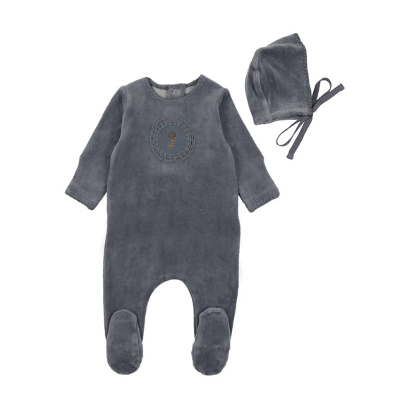 Bee & Dee Crochette Velour Footie-Hydrangea Blue