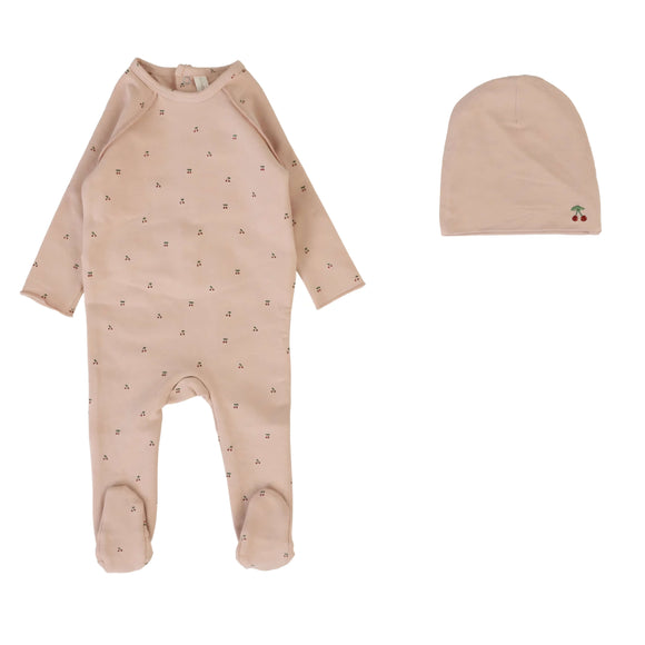 Lil Leg Cherry Print Footie & Hat Set Dusty Pink