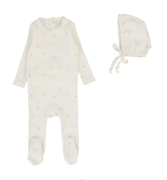 Lil Leg Printed Pointelle Footie Cream/Pink Bow (Bonnet not included)