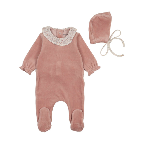 Bee & Dee Whimsical Bloom Collar Footie/Bonnet-Dusty Pink