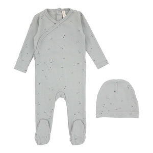 Lil Leg Printed Wrapover Clover Dusty Blue Footie, Blanket, Hat Set