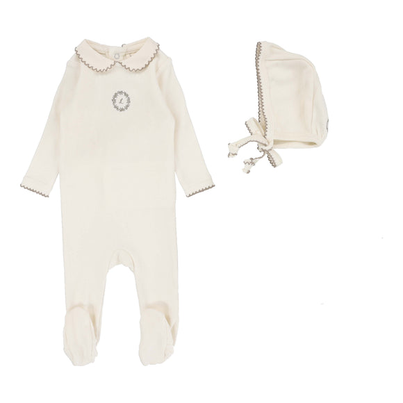 Lil Leg Emblem Embroidered Footie & Hat Set Cream/Oat