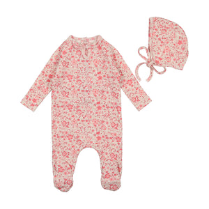 Bee & Dee Cotton Print Collection Footie with Bonnet-Print with Powder Pink