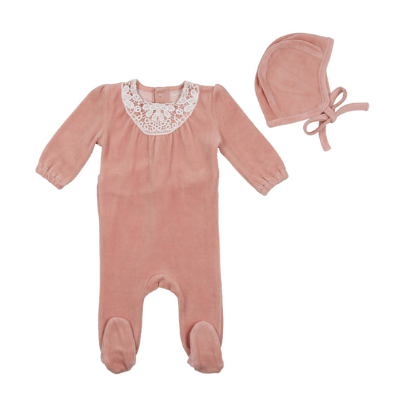 Bee & Dee Eyelet Velour Collection Footie with Bonnet Petal Pink